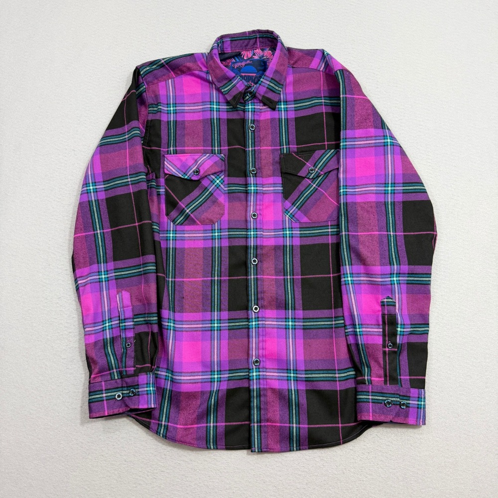 Retro Rifle Button Up Shirt Large Purple Tropics V2 Plaid Super Stretch Flannel